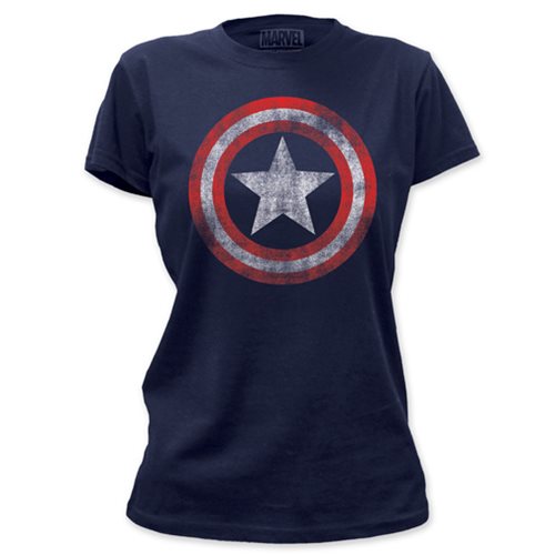 Captain America Distressed Shield Ladies Navy T-Shirt